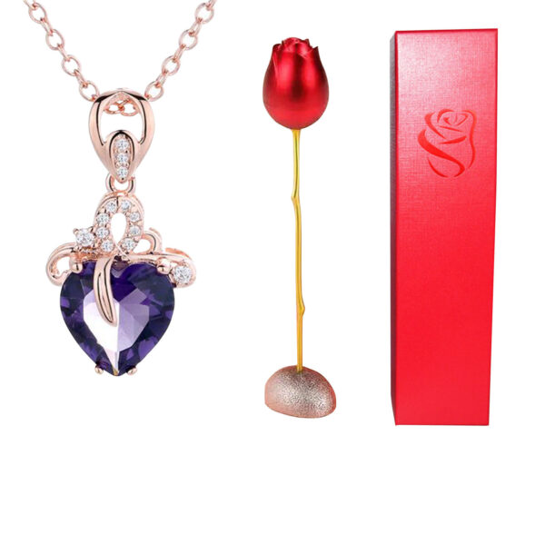 Valentines Day Gift Heart Shaped Blue Purple Crystal Diamond Pendant Rose Head Necklace - Image 9