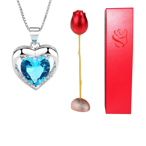 Valentines Day Gift Heart Shaped Blue Purple Crystal Diamond Pendant Rose Head Necklace - Image 7