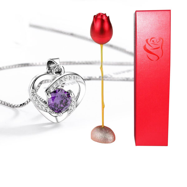 Valentines Day Gift Heart Shaped Blue Purple Crystal Diamond Pendant Rose Head Necklace - Image 5