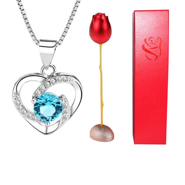 Valentines Day Gift Heart Shaped Blue Purple Crystal Diamond Pendant Rose Head Necklace - Image 4