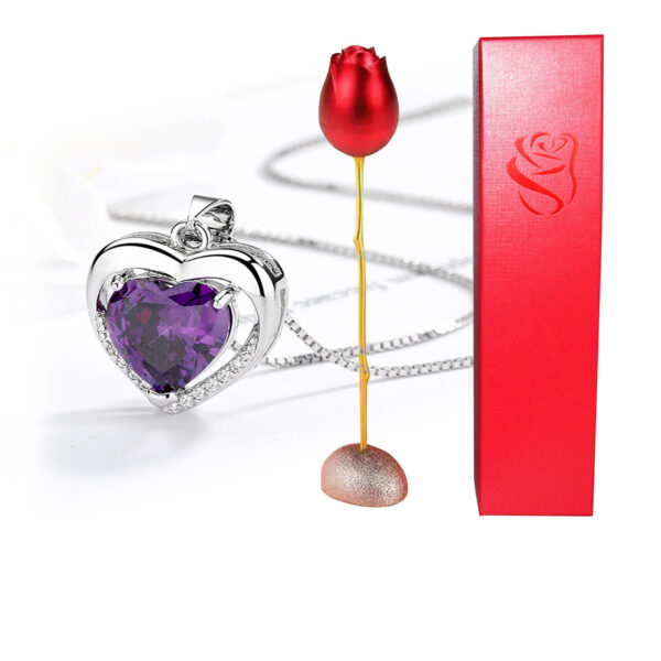 Valentines Day Gift Heart Shaped Blue Purple Crystal Diamond Pendant Rose Head Necklace - Image 6