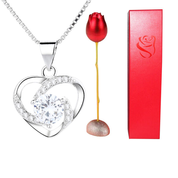 Valentines Day Gift Heart Shaped Blue Purple Crystal Diamond Pendant Rose Head Necklace - Image 3