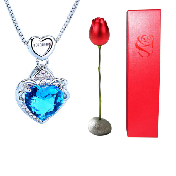 Valentines Day Gift Heart Shaped Blue Purple Crystal Diamond Pendant Rose Head Necklace - Image 10